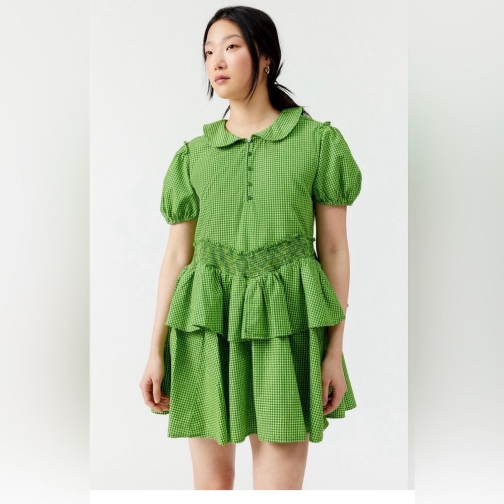 Urban Outfitters Claire Ruffled Babydoll Mini Dress Green Gingham Size XS